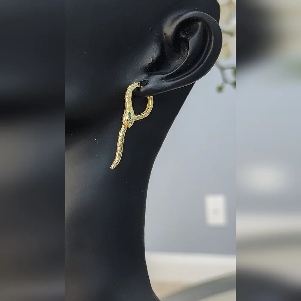 Gold Snake Earrings with Green Accent - Picture 4 of 7